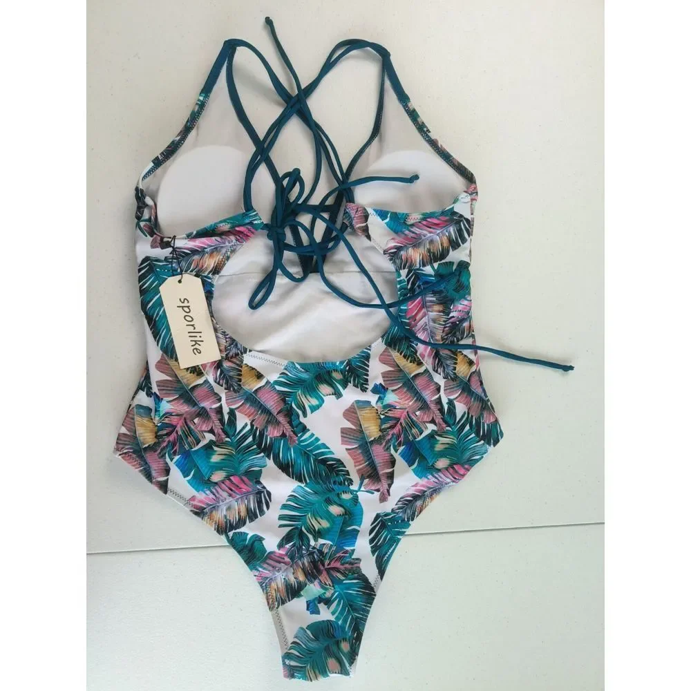 Sporlike‎ one piece swimsuit with V-neck cross back blue color palm designs sz M